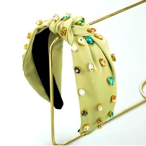NWT Green Olive Jeweled Knotted Headband Sparkly Studded Hairband Trendy Cute